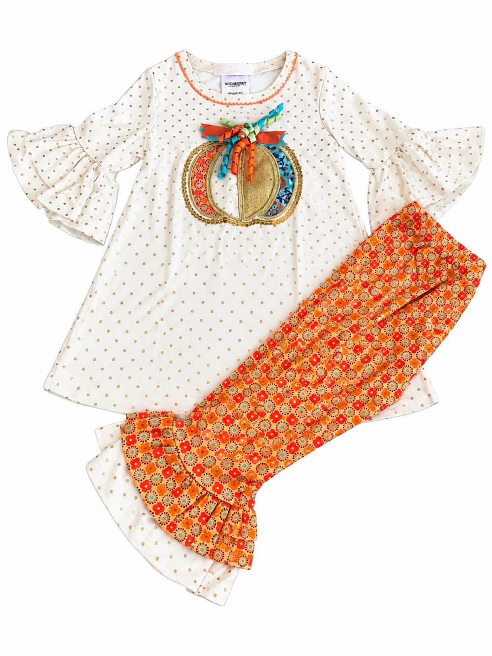 Bonnie Baby Cream Top with Pumpkin Gold Dots & Orange Floral Ruffle Pants